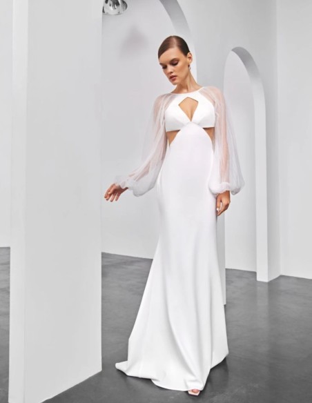 vestido de novia largo marfil con manga abullonada larga