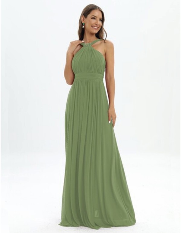 Vestido de fiesta largo con escote halter y pedrería