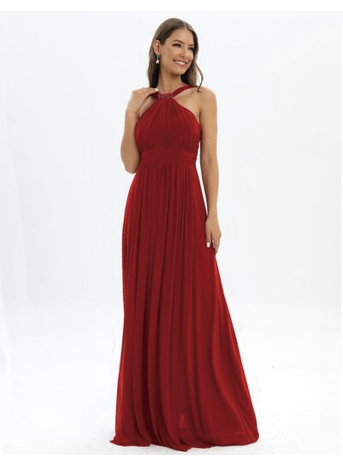 Evening dress with halter neckline and rhinestones
