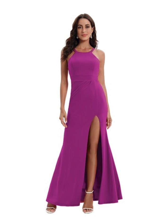 Long evening dress with halter neckline and slit