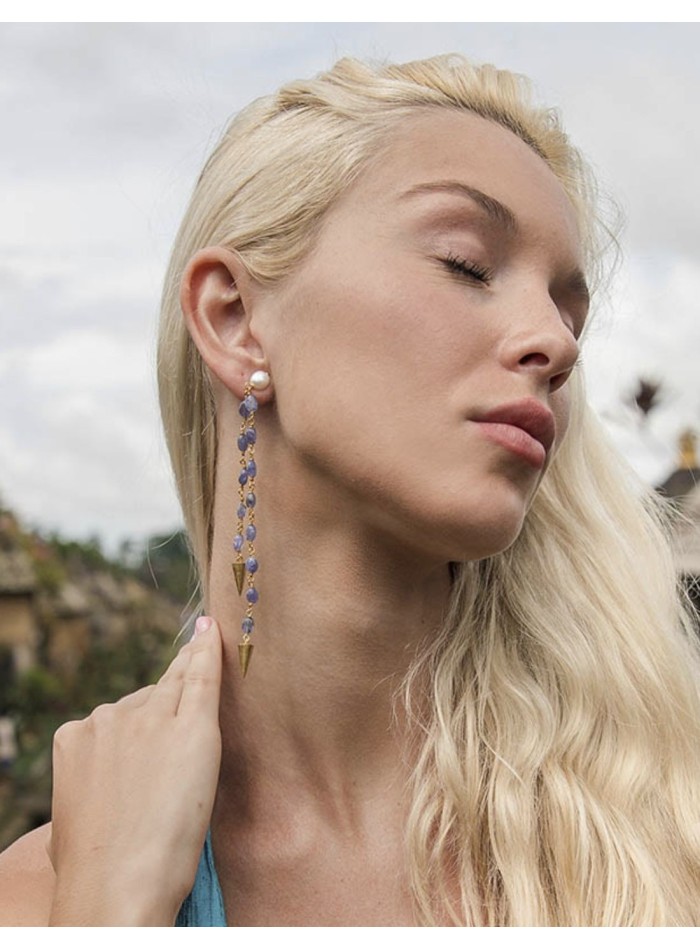 Pendientes largos de fiesta con piedras azules