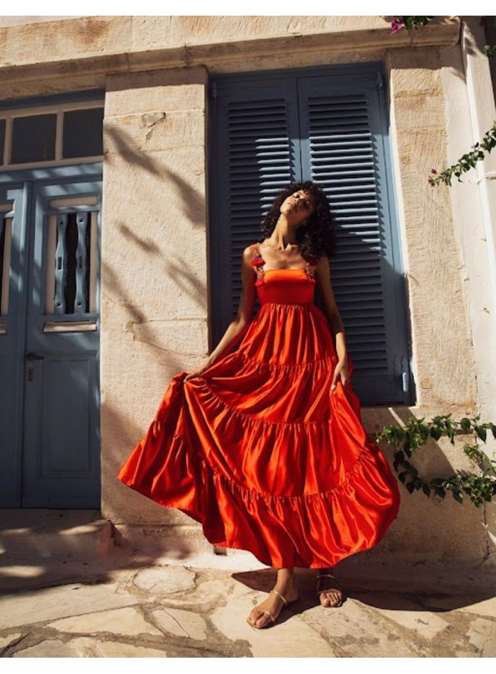 Long party dress with beaded shoulder straps