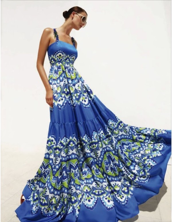 Long blue printed dress with straps and ornaments
