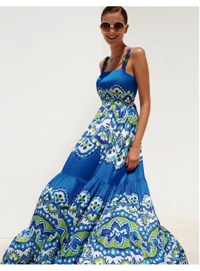 Vestido largo azul estampado con tirantes adorno