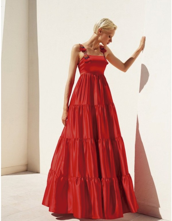 Long party dress with beaded shoulder straps