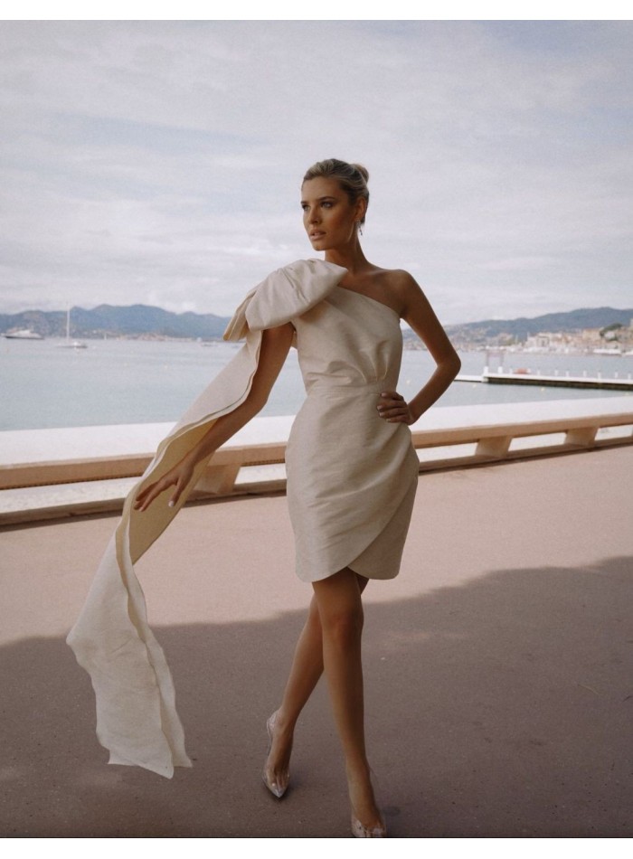 Asymmetric party dress with off-the-shoulder...