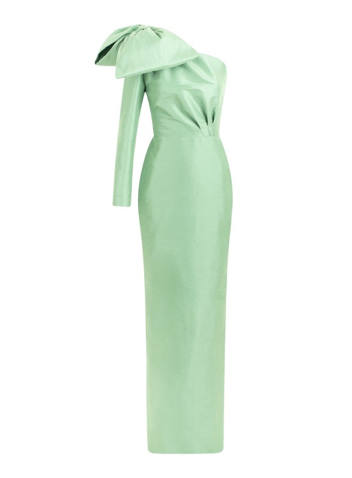 Long party dress with asymmetric neckline and...