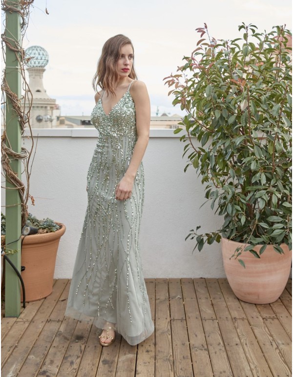 Robe de soirée menthe avec décolleté et paillettes 2
