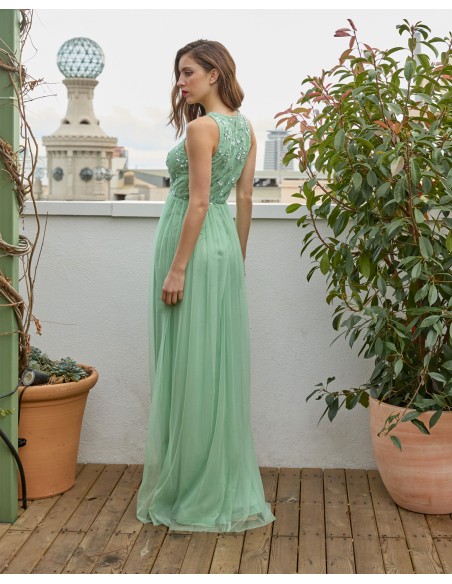 Robe de soirée longue avec jupe en tulle et corsage en strass