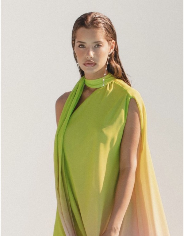 Multicoloured long dress with asymmetric neckline 2