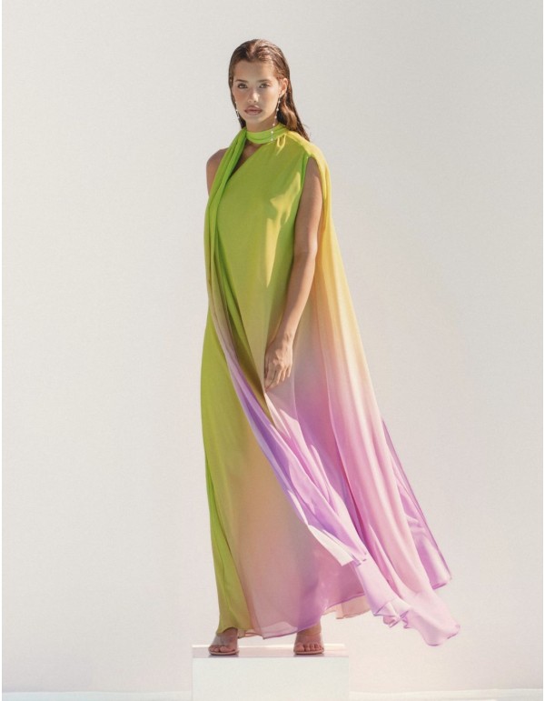Multicoloured long dress with asymmetric neckline