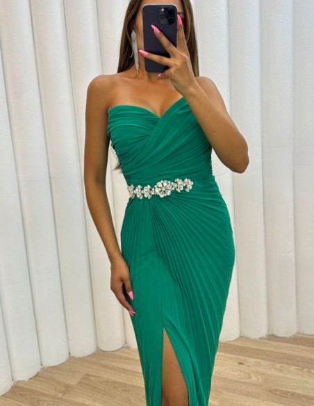 Long pleated ball gown with rhinestone belt