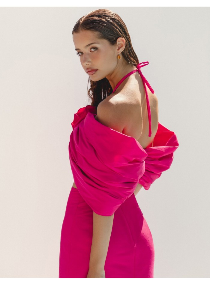 Knotted party top with drop sleeves and flower detail by Elsa Barreto