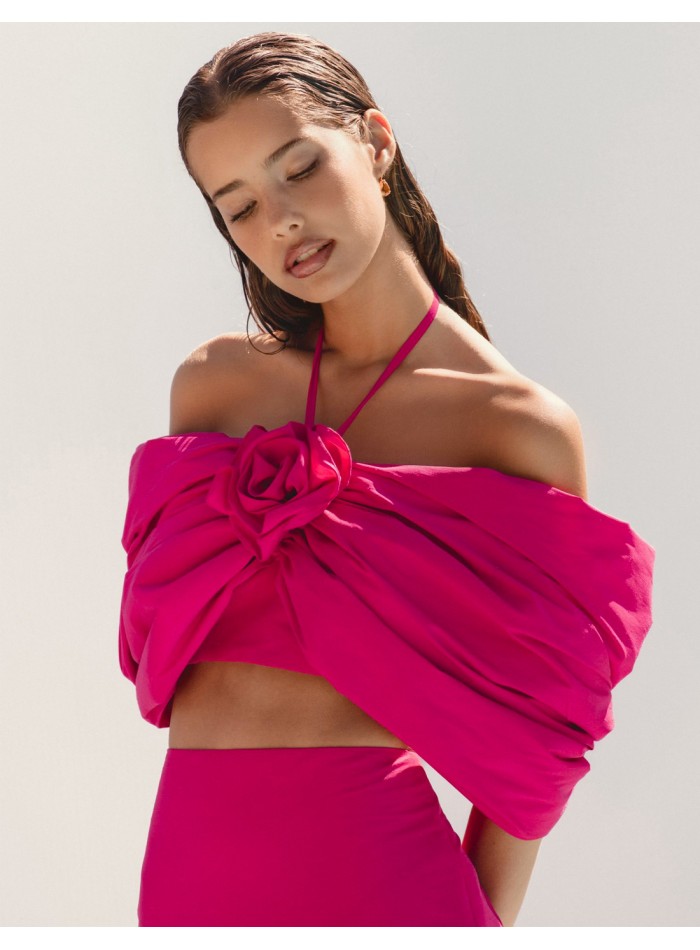 Knotted party top with drop sleeves and flower detail