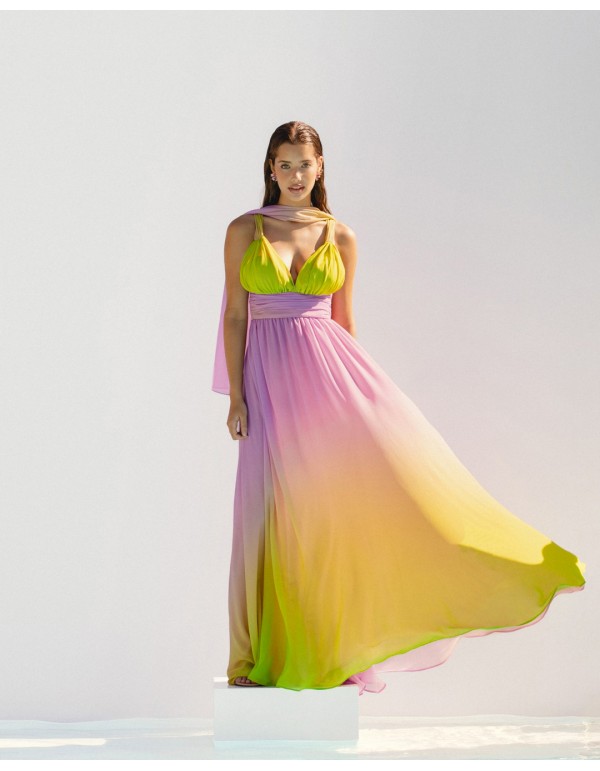 Vestido largo de fiesta vaporoso multicolor con capa