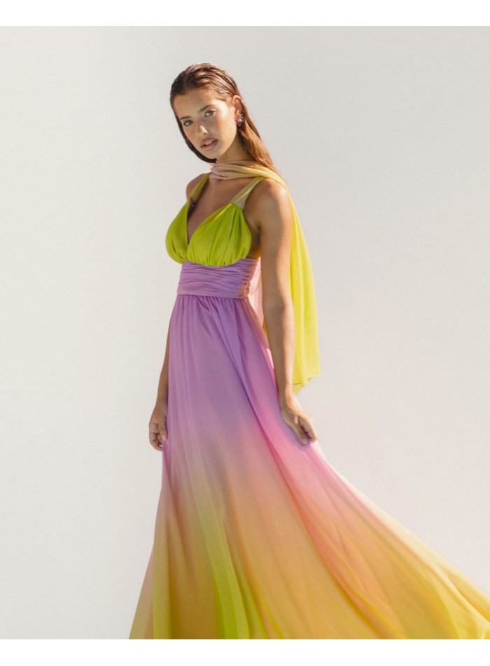 Fluid gradient long dress with cape detail
