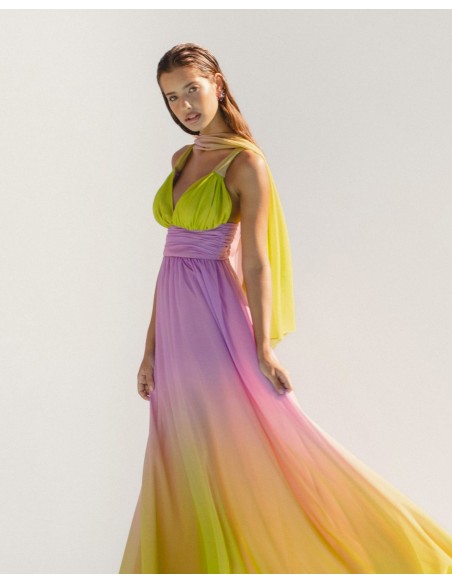 Fluid gradient long dress with cape detail