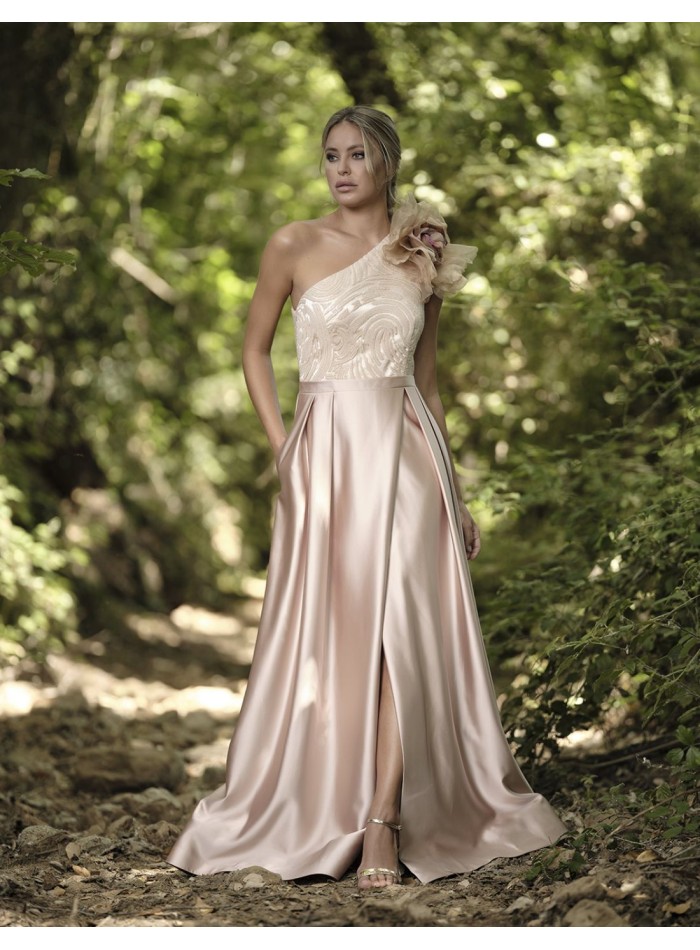 Long party dress with sequin bodice and satin...