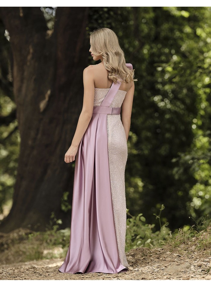 Long party dress with sequins and satin overskirt