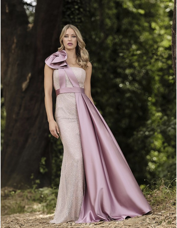 Robe longue de fête avec paillettes et surjupe en satin