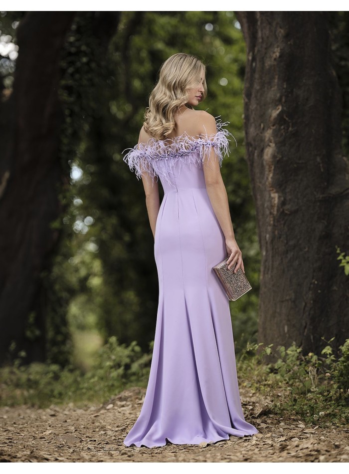 Long party dress with feather neckline