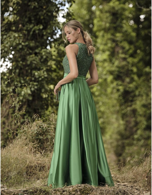 Long satin party dress with sequins 2