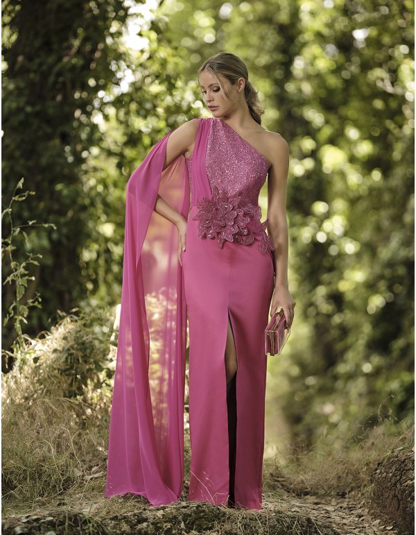 Asymmetric long party dress with a cape