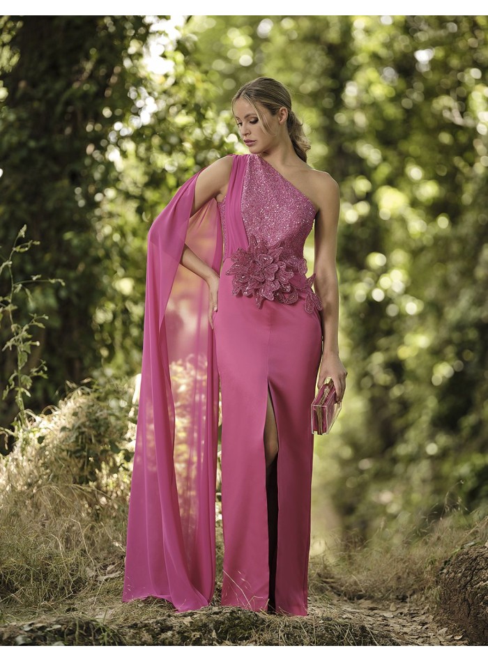 Asymmetric long party dress with a cape