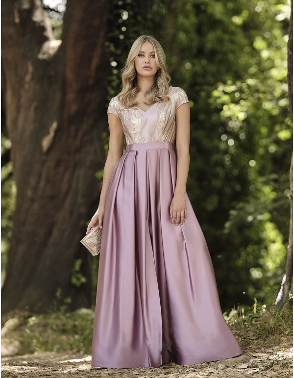 Vestido de fiesta largo bordado dorado y rosa