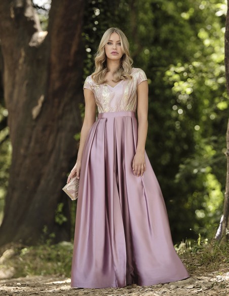 Robe longue de fête brodée or et rose