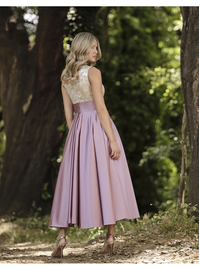 Pink midi party dress with golden embroidery