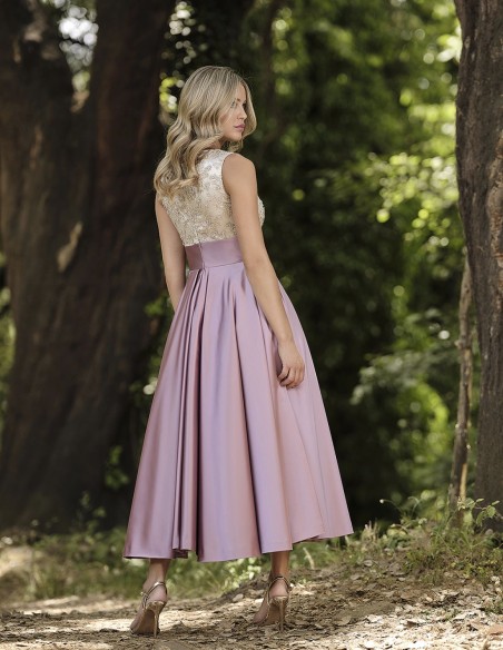 Pink midi party dress with golden embroidery