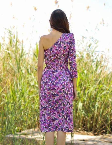 Printed cocktail dress with asymmetrical neckline
