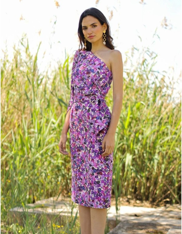 Printed cocktail dress with asymmetrical neckline