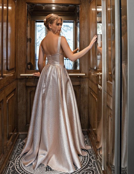 Long lamé party dress with square neckline