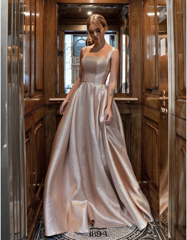 Long lamé party dress with square neckline