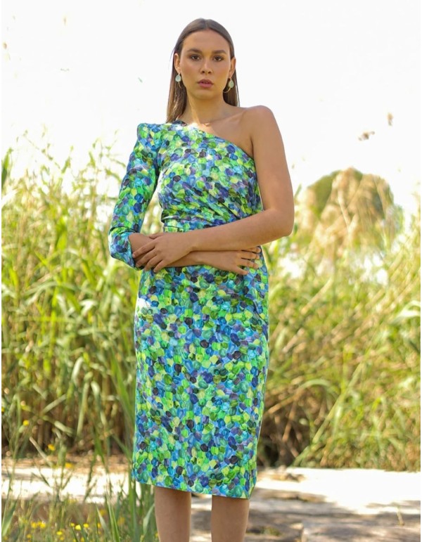 Printed asymmetrical neckline midi party dress