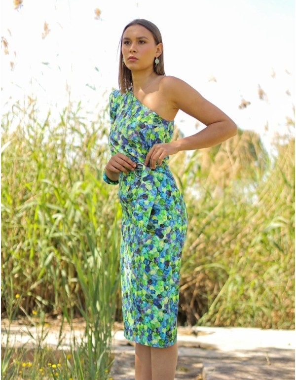 Printed asymmetrical neckline midi party dress 2