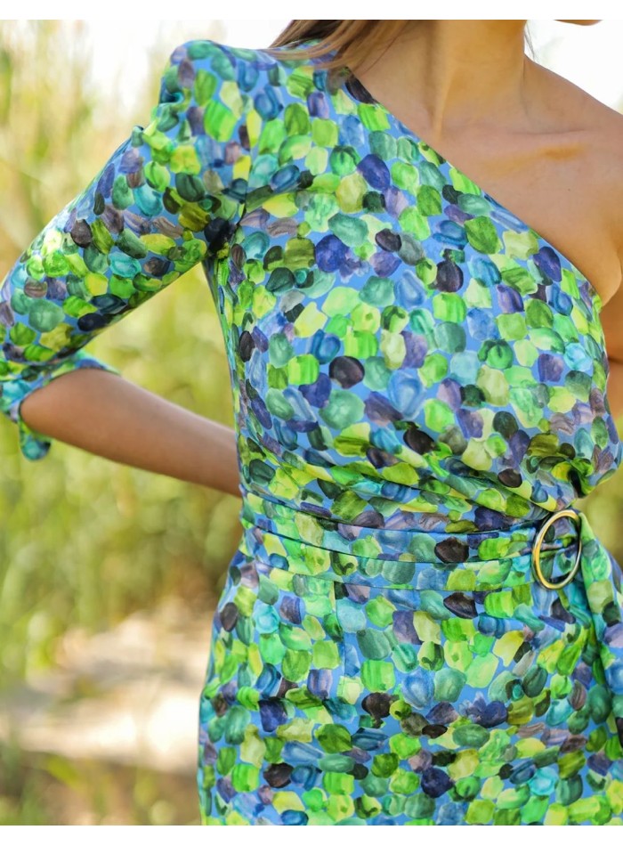 Vestido de fiesta midi escote asimétrico estampado