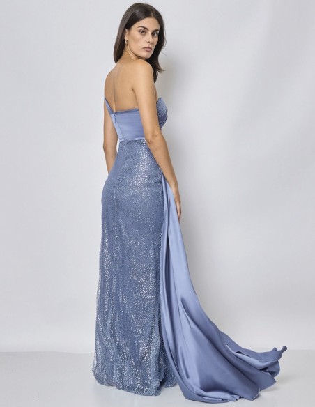 Evening dress with asymmetrical neckline and satin overskirt