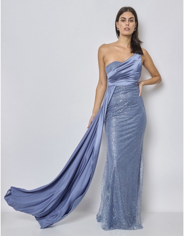 Evening dress with asymmetrical neckline and satin overskirt