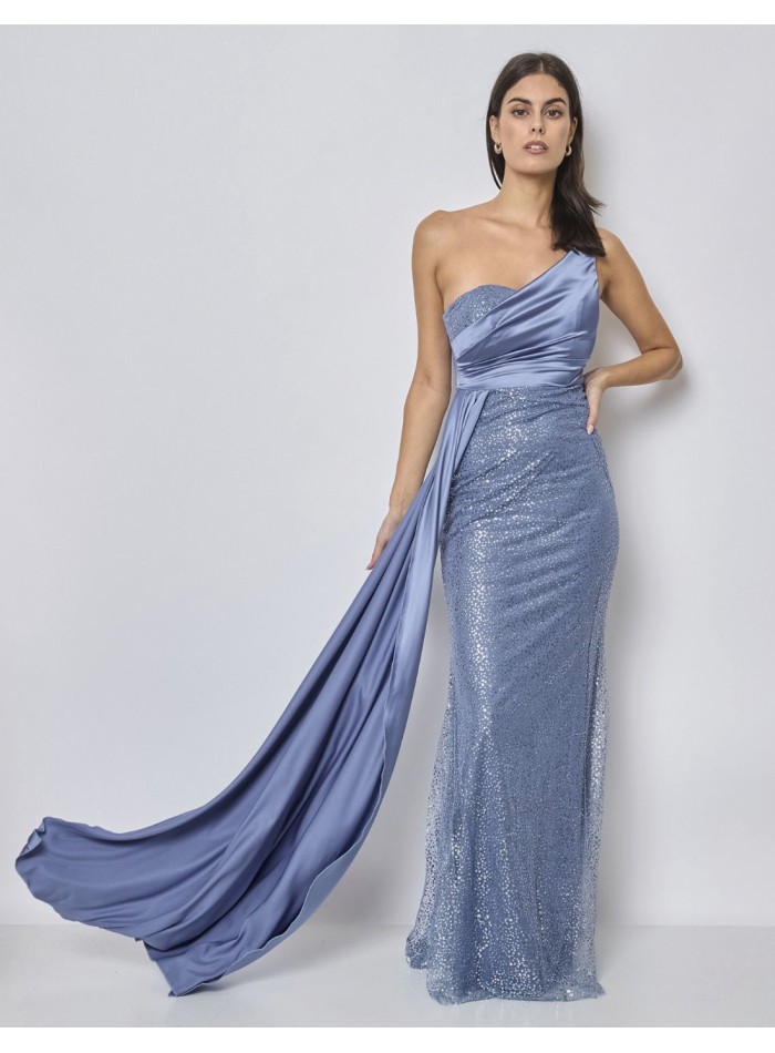 Evening dress with asymmetrical neckline and...