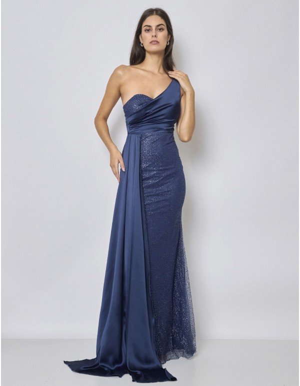 Evening dress with asymmetrical neckline and satin overskirt 2