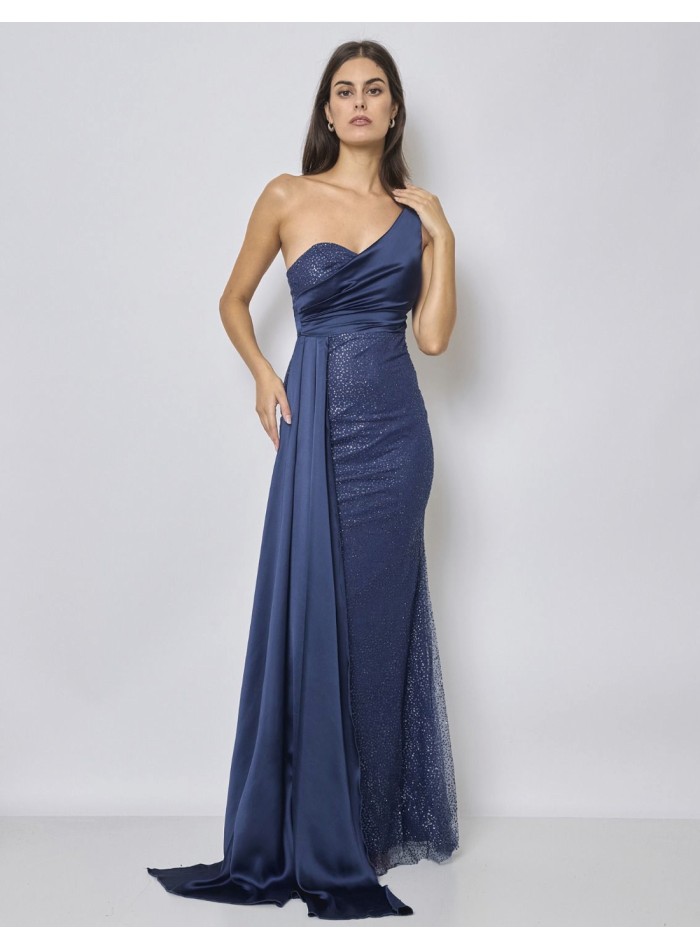 Evening dress with asymmetrical neckline and...