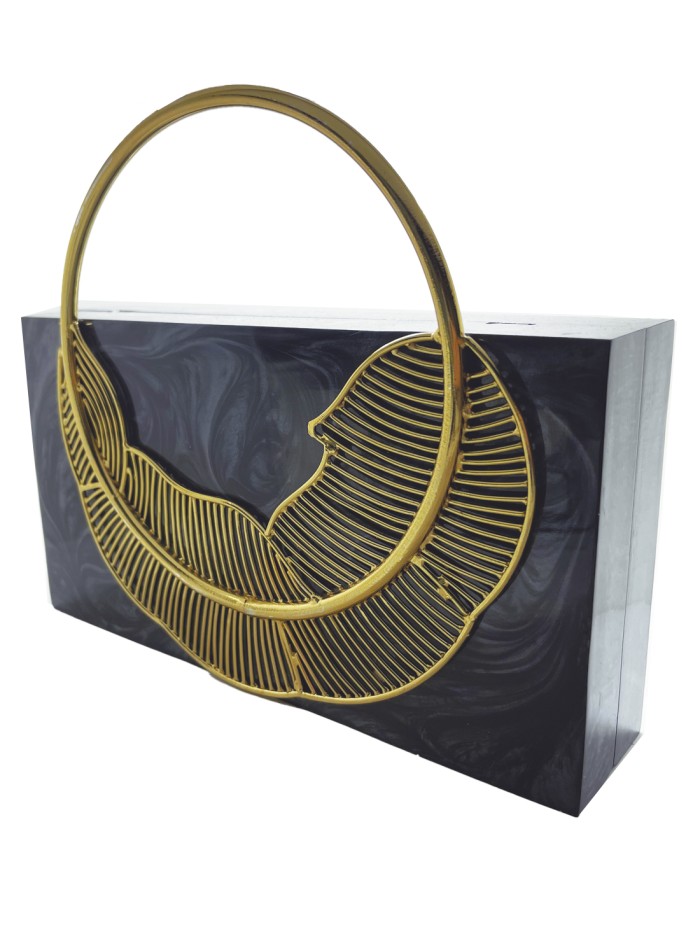 Bolso nacarado duro con decoración de hoja -...