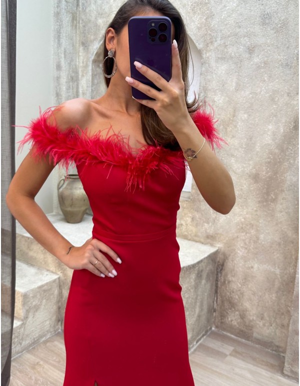 Vestido de fiesta con escote bandeau de plumas 2