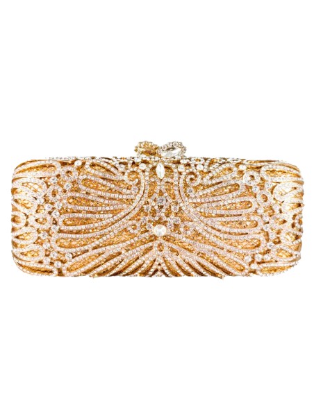 Jewel clutch bag with crystals on a golden elongated base