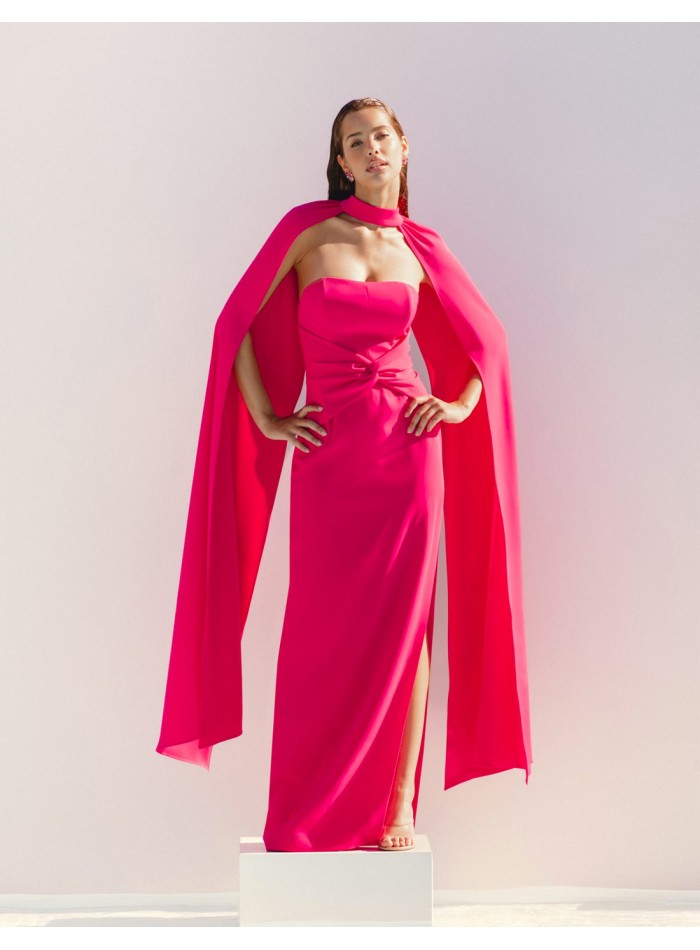 Long strapless ball gown with cape for guests