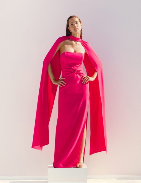 Long strapless ball gown with cape for guests