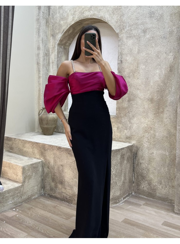 Fitted long party dress with balloon sleeves
